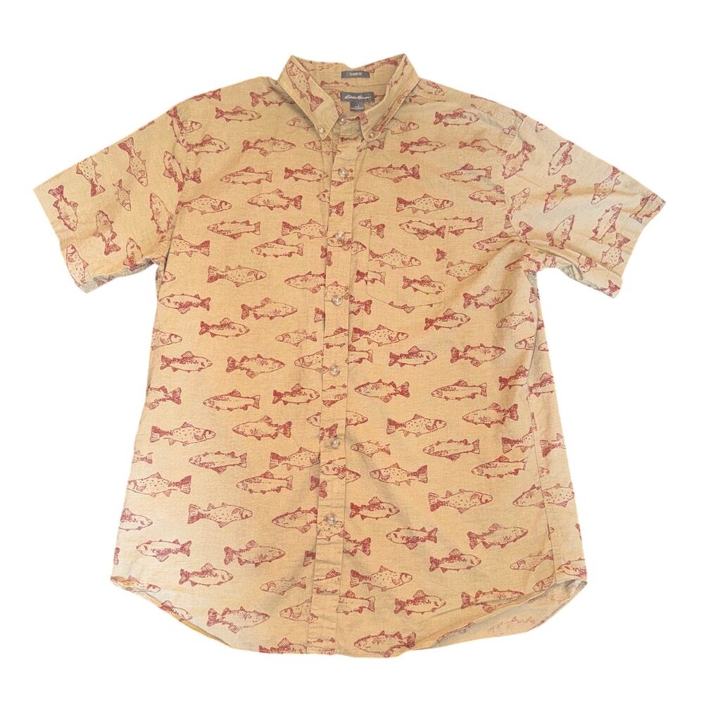 Eddie Bauer Mens Large L Short Sleeve Button Up Fish Classic Fit Cotton Gorpcore